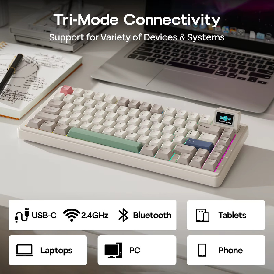EPOMAKER RT82 Mechanische Tastatur mit LCD-Bildschirm, 75 % US-QWERTY-Layout, White, QMK/VIA, kabellos via Bluetooth oder 2,4 GHz und kabelgebunden, 4000 mAh Akku - Bild 4
