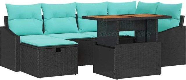 vidaXL Gartensofa-Set aus Poly-Rattan in Schwarz mit 7-teiligem Polster-Set und Tisch - Bild 1