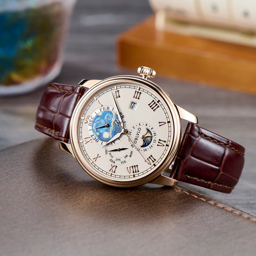 OBLVLO Automatik-Armbanduhr, Leder, Weiß, Herren - Bild 3