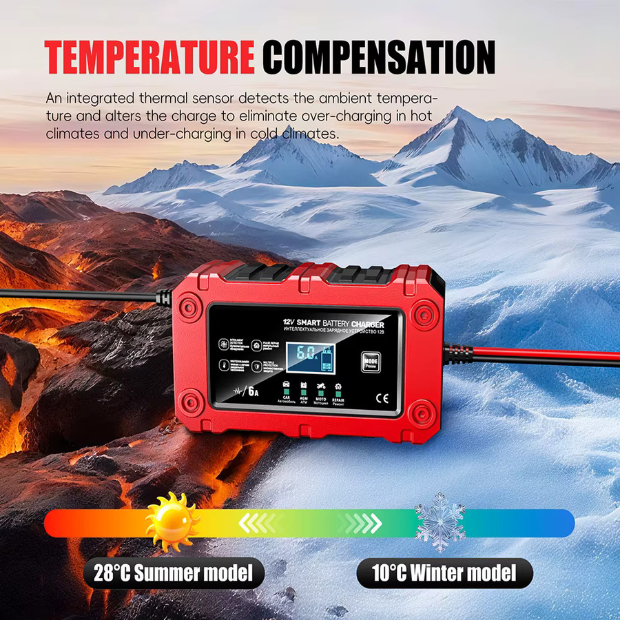 Multifunktionales Autobatterie-Ladegerät 12V 6A mit LCD-Anzeige und Impulsreparatur für Blei-Säure-Batterien in Rot - Bild 3