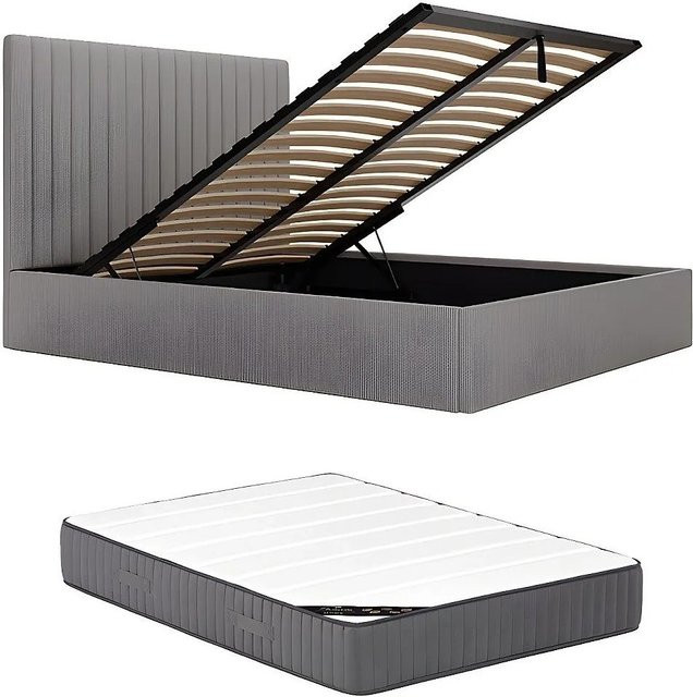 Vente-unique Bett Sarah mit Bettkasten und Cord-Bezug, Grau, B/T/H: 160 x 200 cm - Bild 1