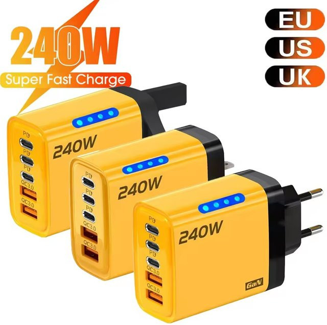 240W Gan Schnellladegerät 5-in-1 Multi-Port Ladestation mit LED-Leuchte, 2 USB-A und 3 USB-C Anschlüsse, Gelb, kompatibel mit iPhone 15-17 Serie, Samsung, Huawei und Xiaomi 15 - Bild 1