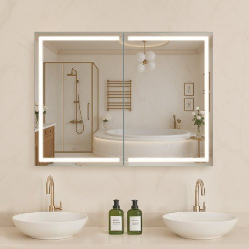 VEVOR beleuchteter Medizinschrank mit Spiegel in Weiß, Wandmontage, 3-farbig dimmbare LED-Beleuchtung mit Sensor, HD-Spiegel, verstellbare Regale und integrierte Steckdosen sowie USB-Anschlüsse, B/H: 60 x 80 cm - Bild 1