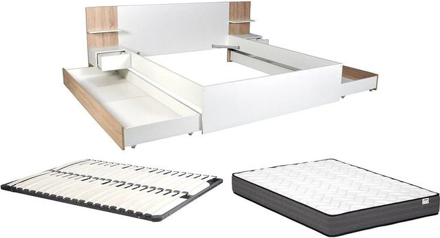 Vente-unique Bettrahmen Klyrana in Weiß mit Ablagen und Lattenrost, B/T/H: 234 x 140–160 x 204,2 cm - Bild 1