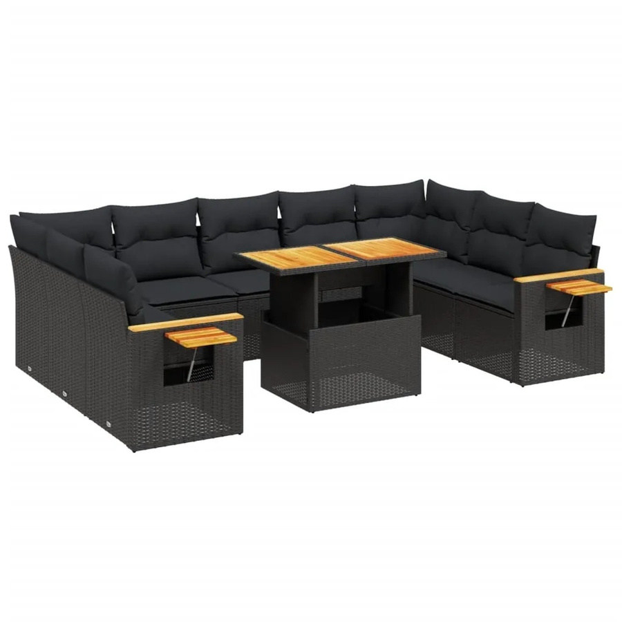 vidaXL 11-teilige Garten-Sofagarnitur in U-Form aus Poly-Rattan und Akazienholz mit Kissen in Schwarz - Bild 2