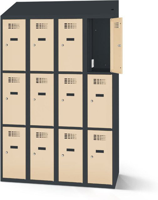 rotstahl Fächerschrank mit Ladefunktion und 12 Fächern in Elfenbein mit anthrazitgrauem Korpus, Breite: 120 cm, Höhe: 200 cm - Bild 1
