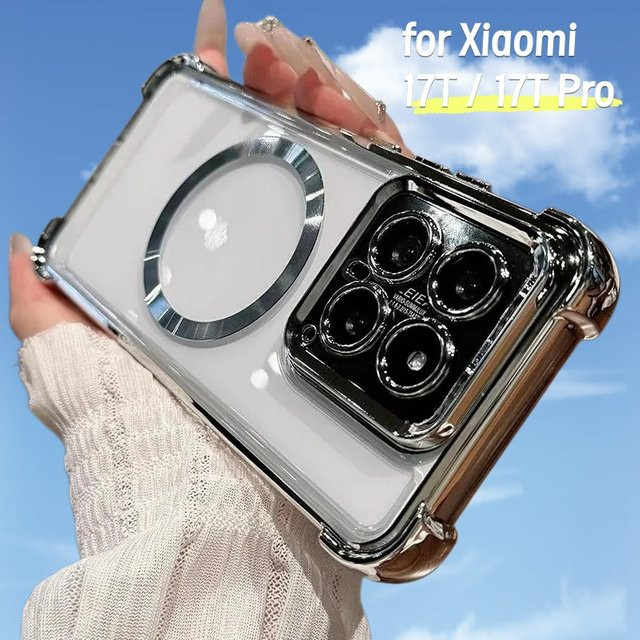 Transparente magnetische Silikon Handyhülle mit silberner Galvanisierung für Xiaomi 17T Pro und 15T Pro, sturzsichere Schutzhülle mit Airbag-Verstärkung - Bild 1