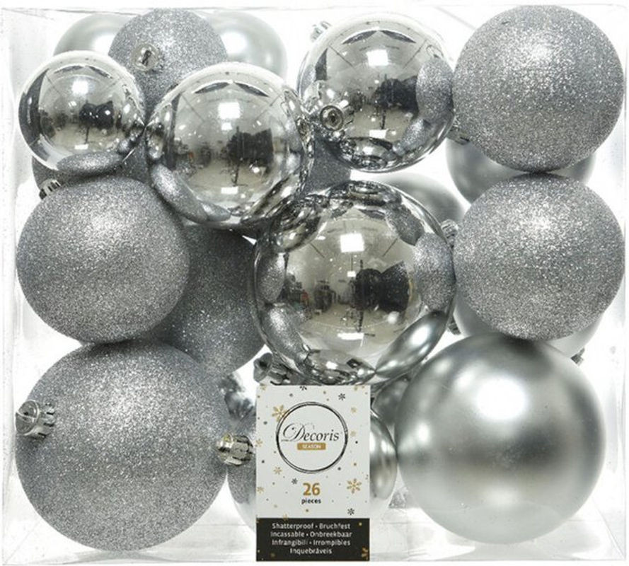 Decoris Deko-Schachtel mit 26 versilberten Metall-Perlen in verschiedenen Größen Durchmesser: 6 cm, 8 cm und 10 cm für Weihnachten - Bild 1
