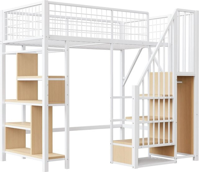 Merax Hochbett mit Treppe und Stauraum aus Metall und MDF, Weiß, B/T/H: 90 x 200 x 170 cm - Bild 1