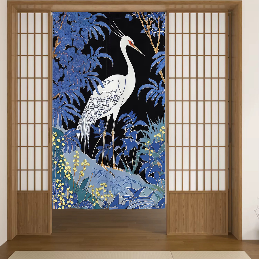 Japanischer Leinen-Türvorhang mit Mondzweigen und Koi-Kran Motiv in Blau, halbtransparenter Trennvorhang für Esszimmer, Küche oder Eingangsbereich - Bild 2