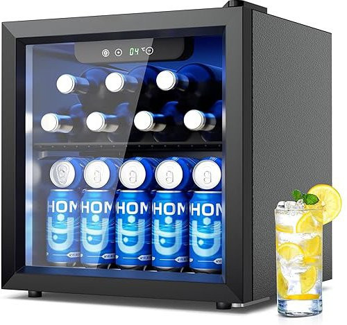 EUHOMY Getränkekühlschrank mit Glastür in Schwarz, 55 Dosen Kapazität, LED-Beleuchtung und 43dB geräuscharmem Betrieb für Büro oder Bar - Bild 1