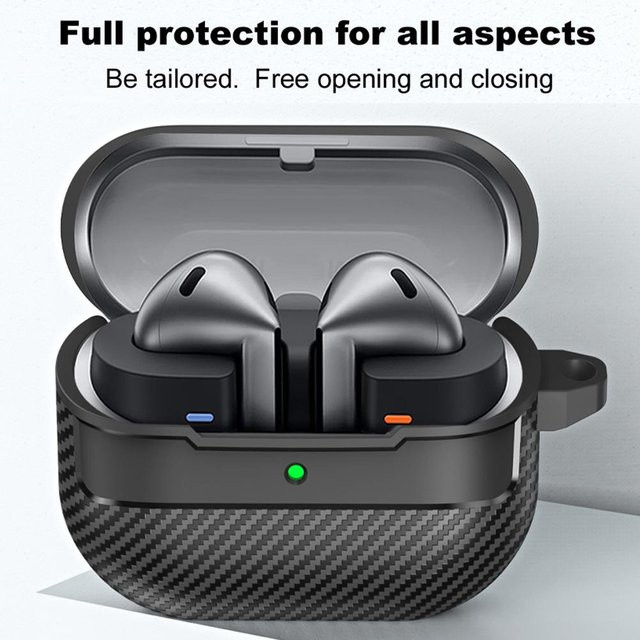 Stoßfeste Silikonhülle mit Kohlefaser-Textur für Samsung Buds 3 Pro in Schwarz inklusive Schlüsselanhänger - Bild 1