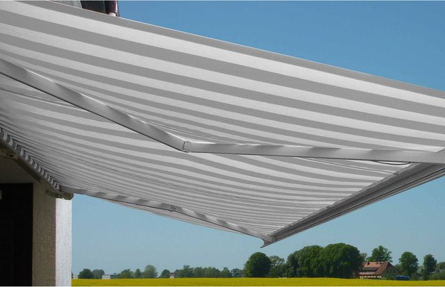 Elektrische Kassettenmarkise MCW H123 Vollkassette aus Acryl in Grau/Weiß, Breite: 450 cm, Ausladung: 300 cm - Bild 1