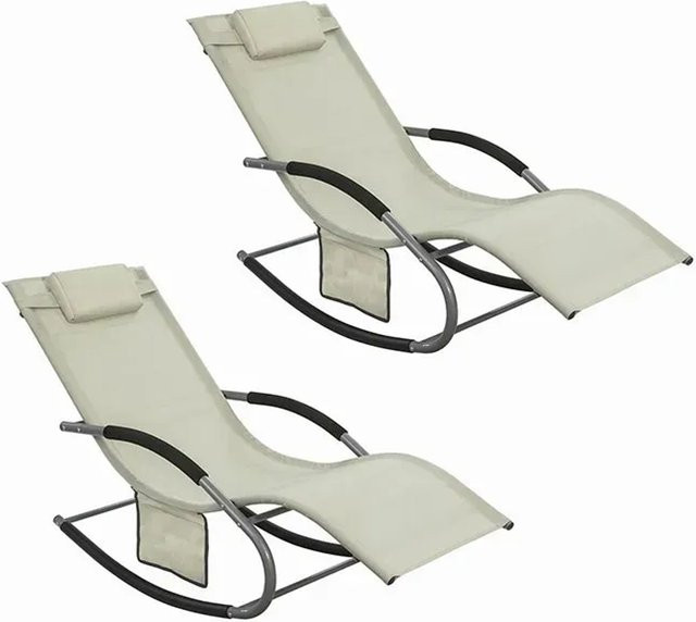 SoBuy Sonnenliege 2er Set OGS28-MIx2 aus Metall und Kunstfasergewebe in Beige mit verstellbarer Kopfstütze und Tasche - Bild 1