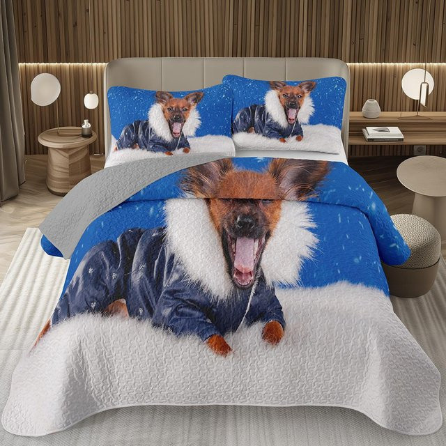 Lodestar Wendbare Gesteppte Tagesdecke mit Hunde-Cartoon-Motiv für Kinder, Blau, B x T: 173 x 228 cm - Bild 1