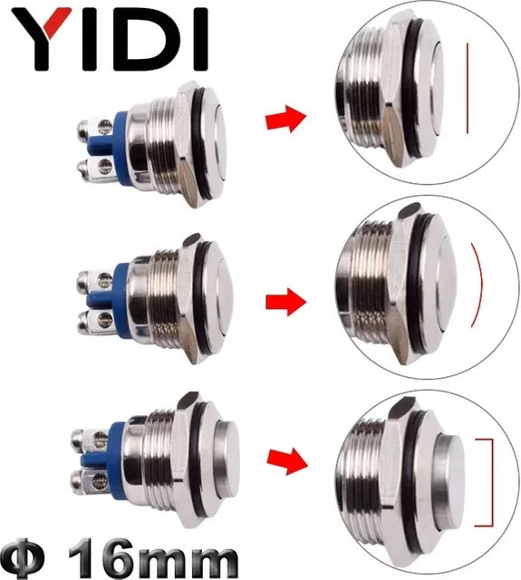 YIDI Drucktastenschalter aus Metall 16 mm EIN/AUS Momentan Schalter SPST mit Flachkopf und Lötstiften 3 A 250 V - Bild 1