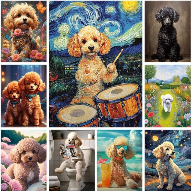 Potdemiel DIY Diamantmalerei Kit Pudel Hund Kunstporträt 5D Diamant Stickerei in Multicolour B: 30,0 cm, H: 20,0 cm - Bild 1