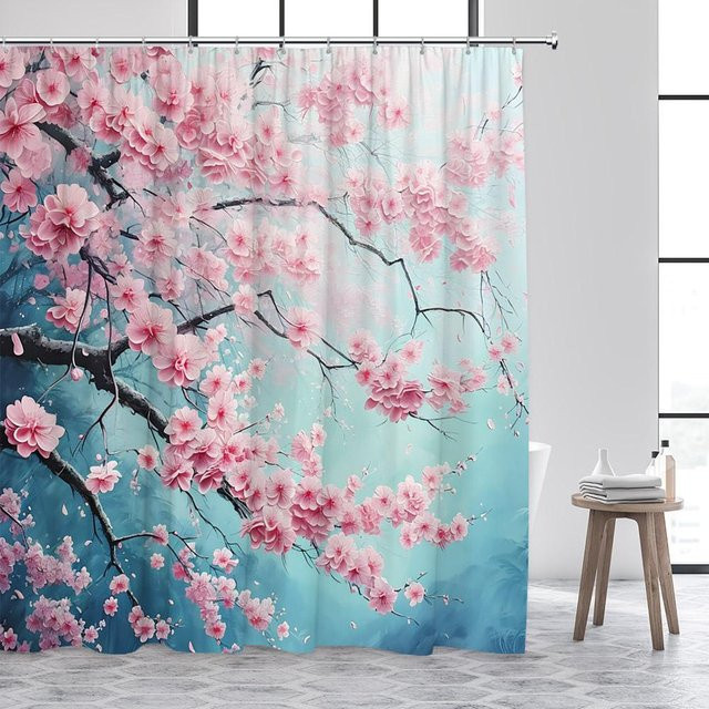 Baifenbai Home Furnishing Duschvorhang Japanische Landschaft mit Kirschblüten und Vögeln in Rosa, B/H: 90 x 180 cm - Bild 1