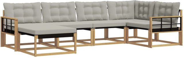 vidaXL Outdoor-Sofagarnitur 6-teilig aus Akazienholz in L-Form mit Polstern und Ottoman, Weiß und Hellgrau - Bild 1