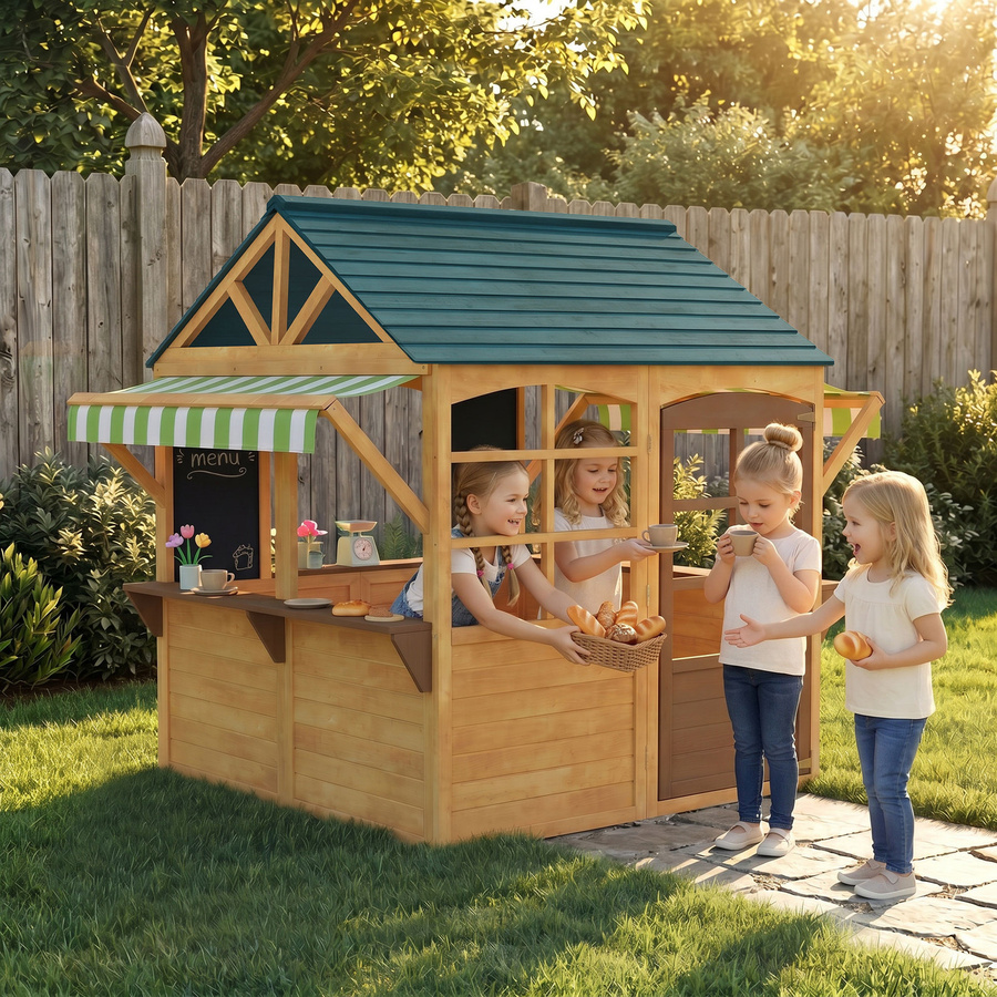 Aosom AIYAPLAY Spielhaus aus Holz für Kinder von 3 bis 8 Jahren, faltbares Outdoor-Gartenhaus mit Fenstern, Tür und Regendach - Bild 2