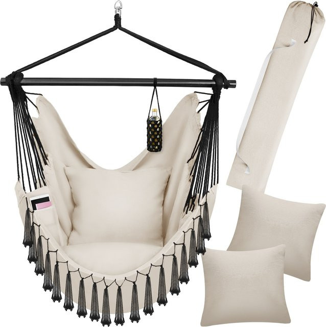 tectake Hängesessel Malika in Beige im Boho-Style mit extra dicken Sitz- und Rückenkissen, Bücherfach und Flaschenhalterung, B/T/H: 100 x 150 x 150 cm - Bild 1