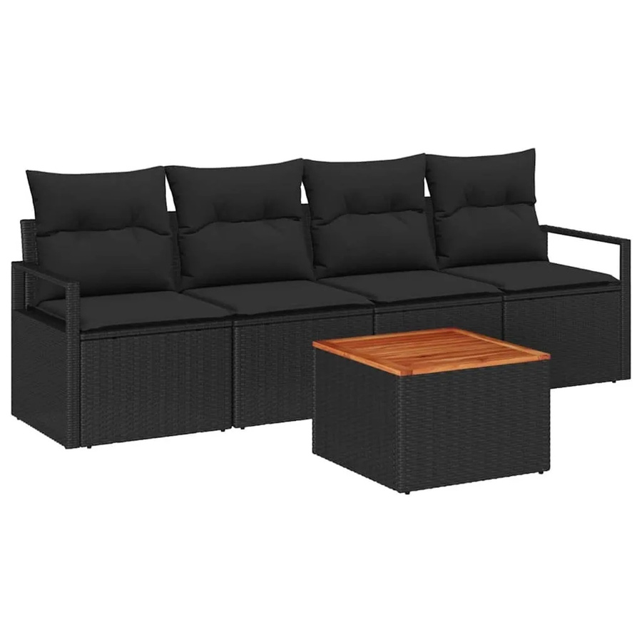 vidaXL Garten-Sofa-Set 5-teilig in Schwarz aus Poly-Rattan und pulverbeschichtetem Stahl mit Akazienholz-Elementen - Bild 2