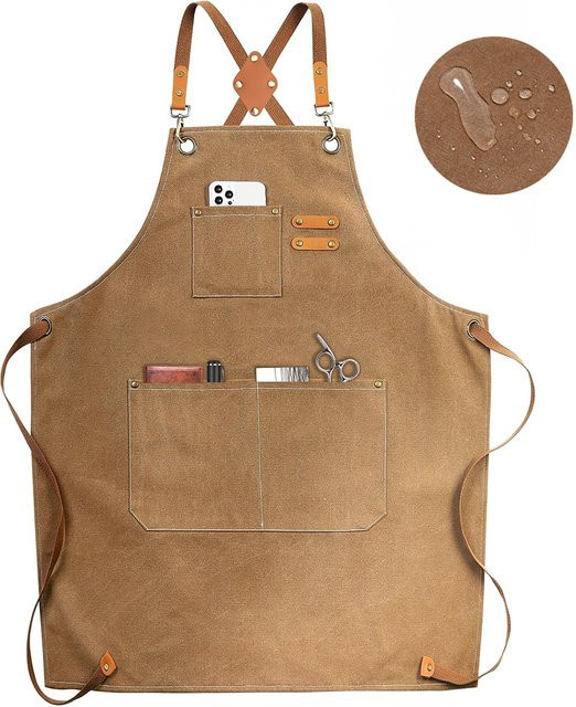 LMETJMA Kochschürze aus Baumwoll-Segeltuch mit Kreuzrücken und großen Taschen für Damen und Herren in Weiß und Braun - Bild 1