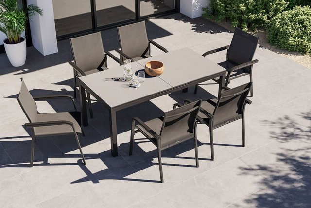 Kettler BasicPlus Premium Garten-Essgruppe aus Aluminium und Spraystone in Anthrazit mit ausziehbarem Tisch und 6 Stapelsesseln, Tisch B: 180-240 cm, T: 90 cm, H: 76 cm - Bild 1