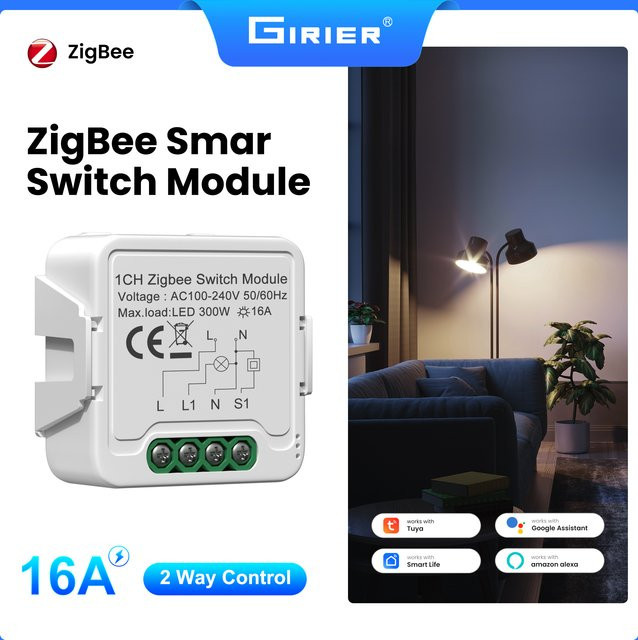 GIRIER Tuya Smart ZigBee 3.0 Schaltmodul 16A DIY Universalrelais in Weiß mit 2-Wege-Steuerung und Alexa-Kompatibilität für deine Heimautomatisierung - Bild 1
