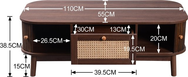 Svintora Rattan-Couchtisch aus Massivholz und MDF im Farmhouse-Stil mit Schubladen und Schiebetüren, Naturwalnuss, B/T/H: 110 x 55 x 38,5 cm - Bild 1