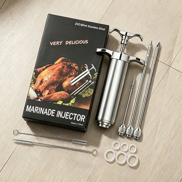 Venlohome Edelstahl Fleischinjektionsspritzen-Set in Silber mit 3 Marinaden-Nadeln für BBQ, Truthahn und Rindfleisch - Bild 1