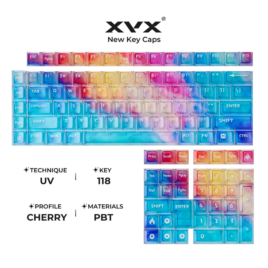 KUXM Farbverlauf-Tastenkappen im Afterglow-Stil, 5-seitig mattiert und durchscheinend, PC-Material, OEM-Profil mit 3D-Pad-Druck für mechanische Tastaturen, Multicolour - Bild 3