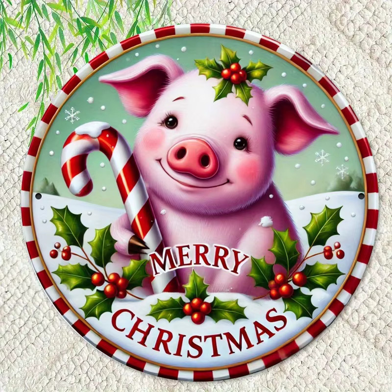 Rundes Metallschild Potdemiel Merry Christmas Little Pig mit Lollipop-Motiv, Mehrfarbig, Durchmesser: 20 cm - Bild 4