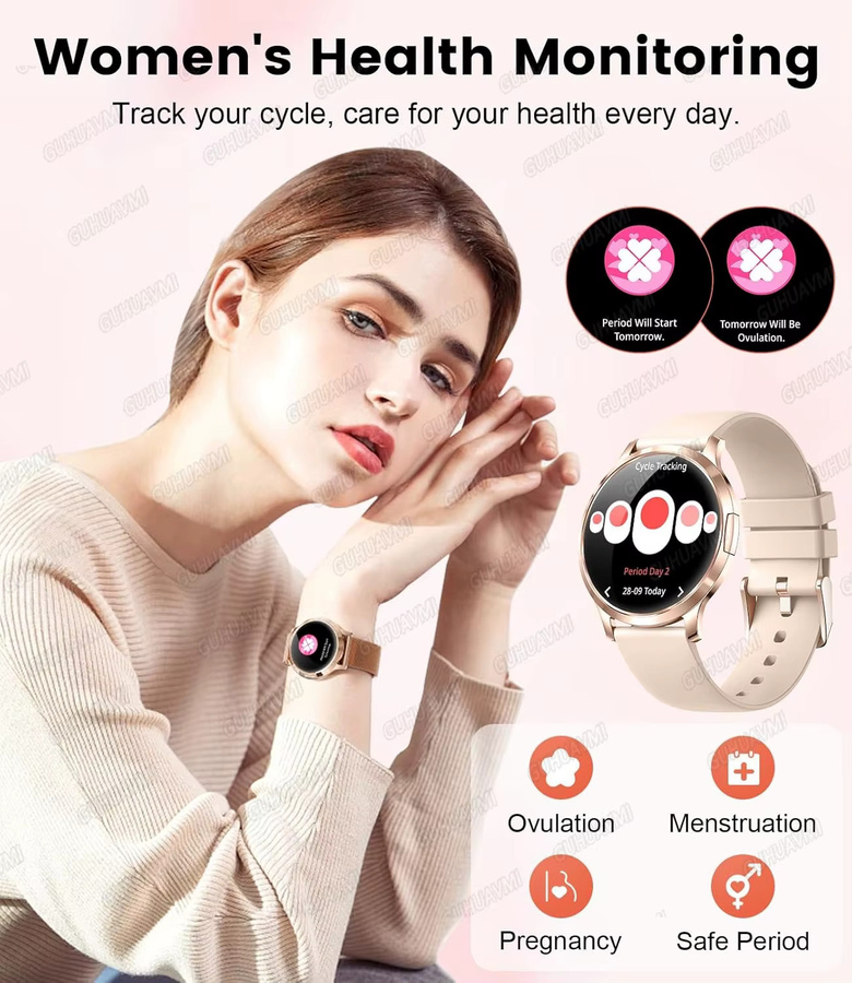GUHUAVMI Smartwatch, Damen, Schwarz, Roségold, Edelstahl, Rund - Bild 4