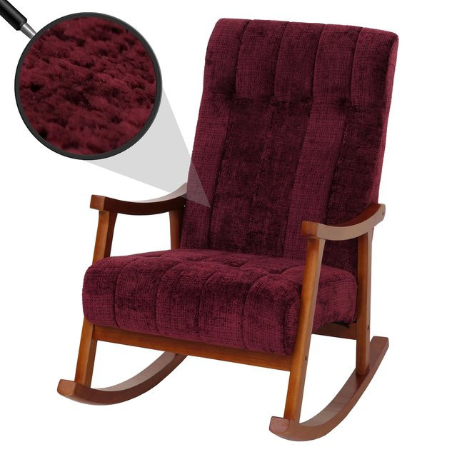 Schaukelstuhl MCW-K10 Relaxsessel mit Chenille-Stoffbezug in Bordeaux und Gestell in Walnuss-Optik - Bild 1