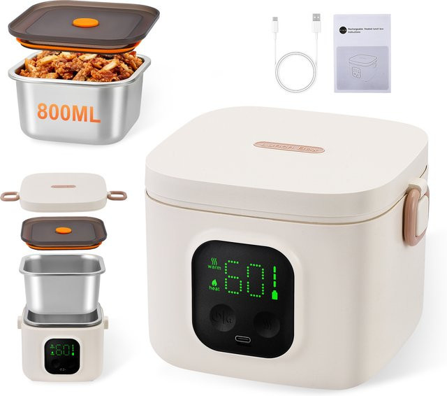 Jugacool Elektrische Heiz-Lunchbox mit 16000mAh Akku und 304 Edelstahl-Innenbehälter, Weiß, 800ml - Bild 1