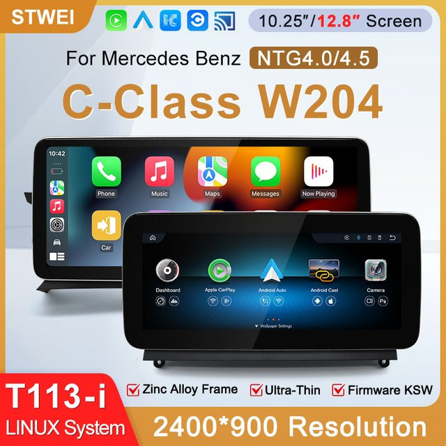 STWEI 12,8 Zoll Schlanker Bildschirm mit Linux-System und kabellosem CarPlay für Mercedes-Benz C-Klasse W204 S204, Auflösung 2400x900, Schwarz - Bild 1