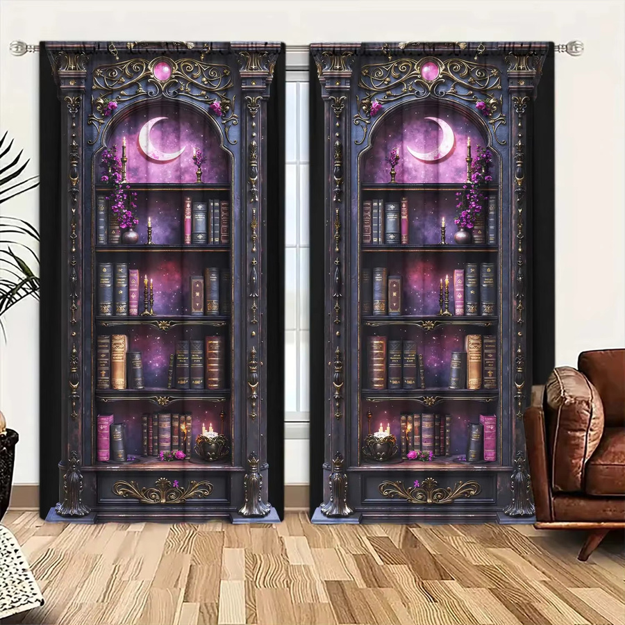 VOZMIO 2-teiliger Vintage-Gothic-Vorhang mit Bücherregal-Print, blickdicht, mehrfarbig - Bild 4