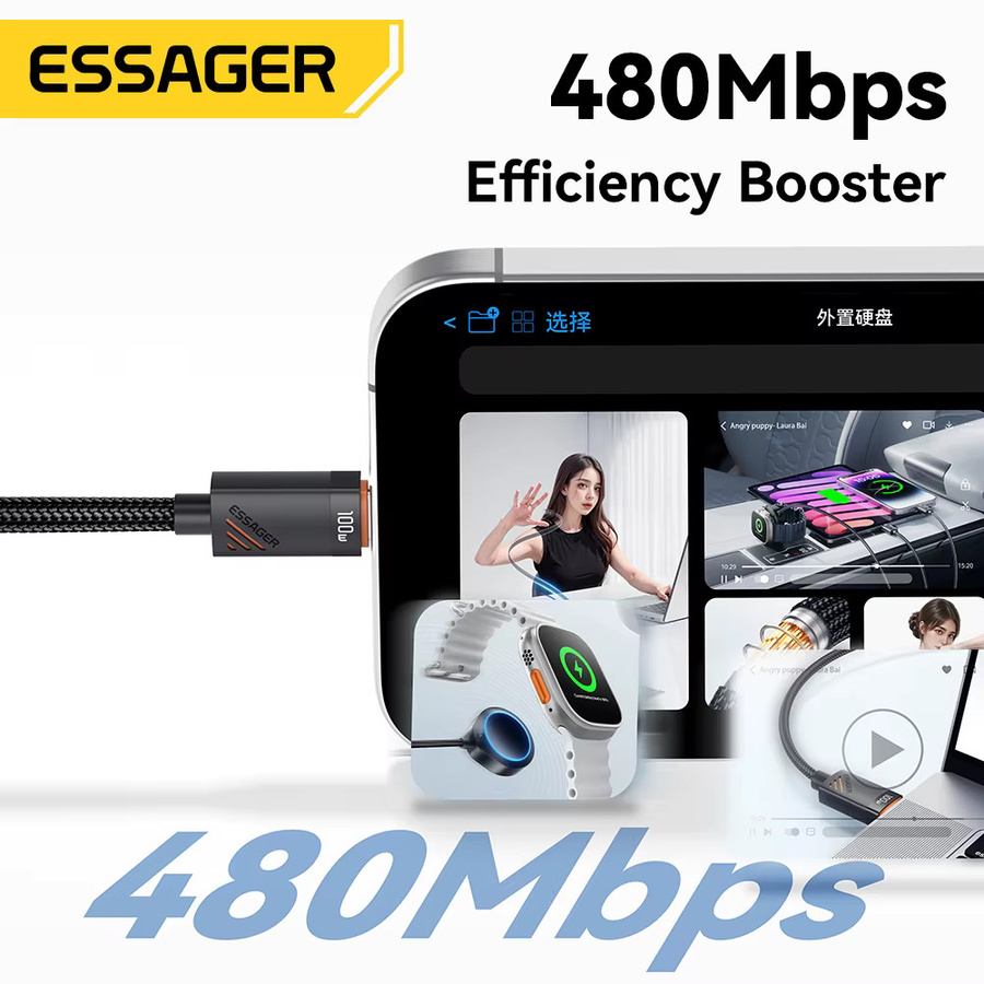 Essager 3-in-1 USB-C Schnellladekabel 100 W mit Lightning und Typ-C für Apple iPhone und iWatch, Schwarz - Bild 6