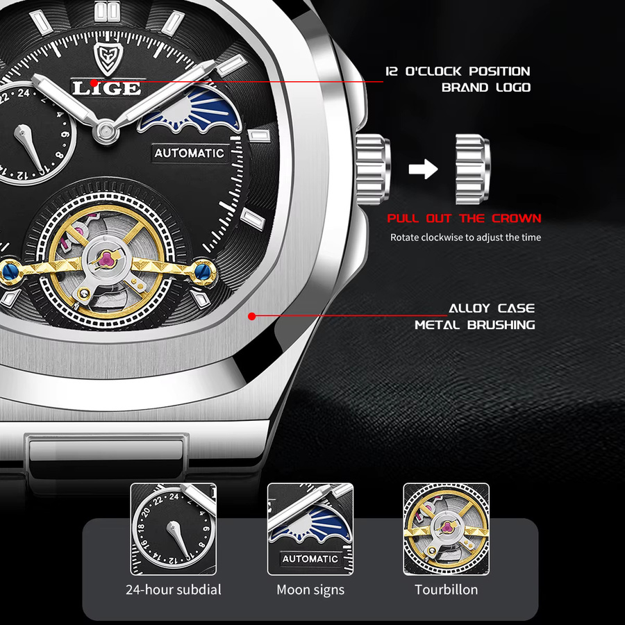 LIGE Armbanduhr, mechanisch, Edelstahl, Herren - Bild 6