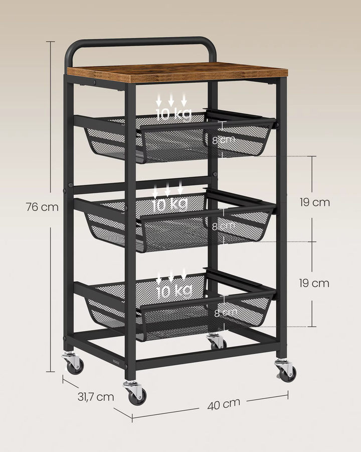 VASAGLE Servierwagen mit 4 Ebenen und herausziehbaren Körben in Schwarz-Braun, Rollwagen für die Küche, B/T/H: 31,7 x 40 x 76 cm - Bild 4