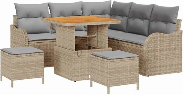 vidaXL Garten-Sofa-Set 8-teilig in Beige und Hellgrau mit Kissen und Couchtisch aus Metall und Akazienholz - Bild 1