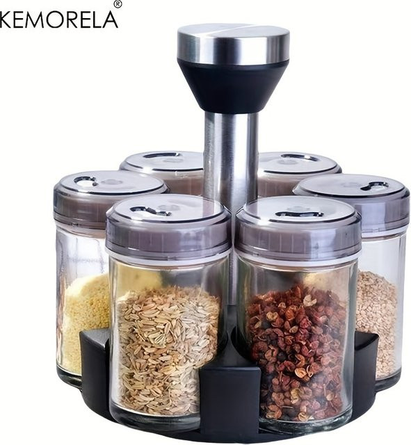 KEMORELA 360 Grad rotierendes Gewürzflaschen-Set aus Glas in Transparent, Küchen-Organizer für Salz, Zucker und Pfeffer, Höhe: 18,0 cm, Breite: 14,0 cm - Bild 1
