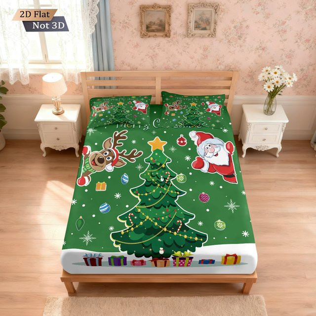 3-teiliges Bettwäsche-Set mit Weihnachts-Cartoon-Baum-Aufdruck in Grün, inklusive Bettbezug und Laken, Größe: 90 x 190 cm - Bild 1