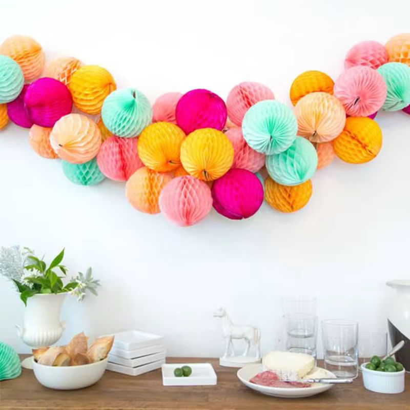 Merylover 5er Set runde Wabenblumenbälle aus Papier für Hochzeit und Party, mehrfarbig und rosa, Durchmesser: 15 cm - Bild 6