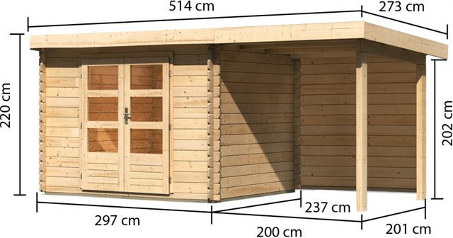 Gartenhaus Holz BASTRUP 3 in Naturbelassen mit Anbaudach und Rückwand, Blockbohlenhaus B/T/H: 297 x 237 cm, 28 mm Wandstärke - Bild 1