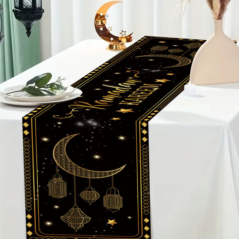 VIKAMA Ramadan Tischflagge Starlight in Schwarz-Gold mit Sternen und Mond als luxuriöse Dekoration für das muslimische Festival, B/T: 90,0 x 33,0 cm - Bild 3