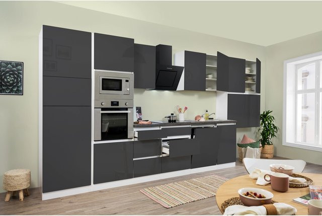 Respekta Premium Küchenzeile modern grifflos in Grau Hochglanz-Weiß mit Soft-Close-Türen und Einrichtungsdetails, B/T/H: 445 x 55,5 x 220,5 cm - Bild 1