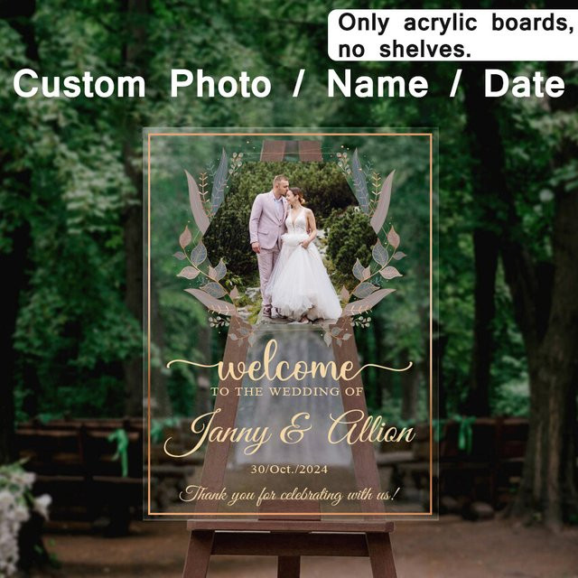 Personalisiertes Acryl-Hochzeitsschild Welcome to Wedding mit Foto, Name und Datum, transparente Tischdekoration für Hochzeit, Geburtstag oder Verlobung, rechteckig - Bild 1