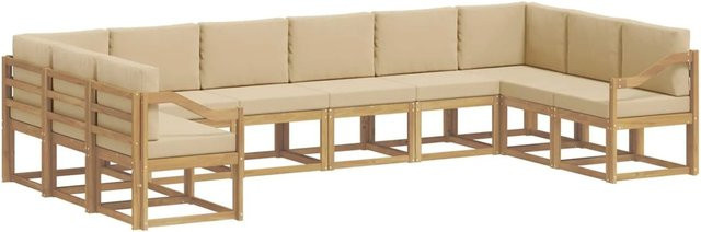 vidaXL Outdoor-Sofagarnitur L-Form aus Akazienholz mit 10 Kissen in Weiß, Beige und Braun - Bild 1